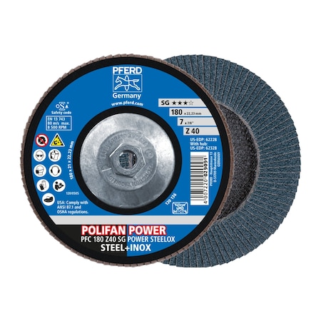 Pferd 7" x 5/8-11 Thd. POLIFAN Flap Disc - Z SG POWER STEELOX, Zirconia, 40 Grit, Conical 62328